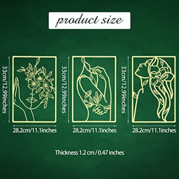 New 3 Pieces Single Line Gold Metal Wall Art Female & Flower Sign for Home Decor - Picture 3 of 7